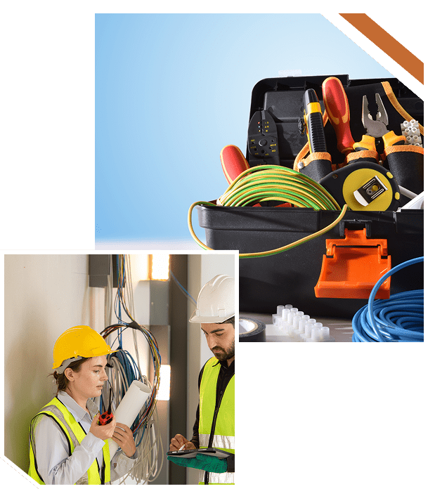 Electricians working with tools and cables.